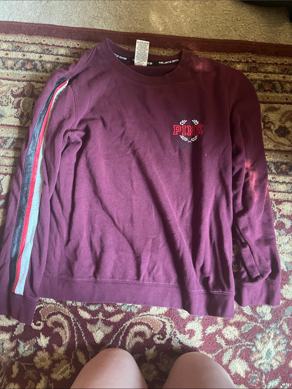 PINK Victoria's Secret Men's Burgundy Crewneck with Stripe Sleeve